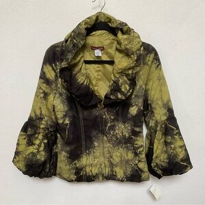 NWT Design Today's Green, Black Moldable Collar Zip Up Puff Sleeve Jacket Medium